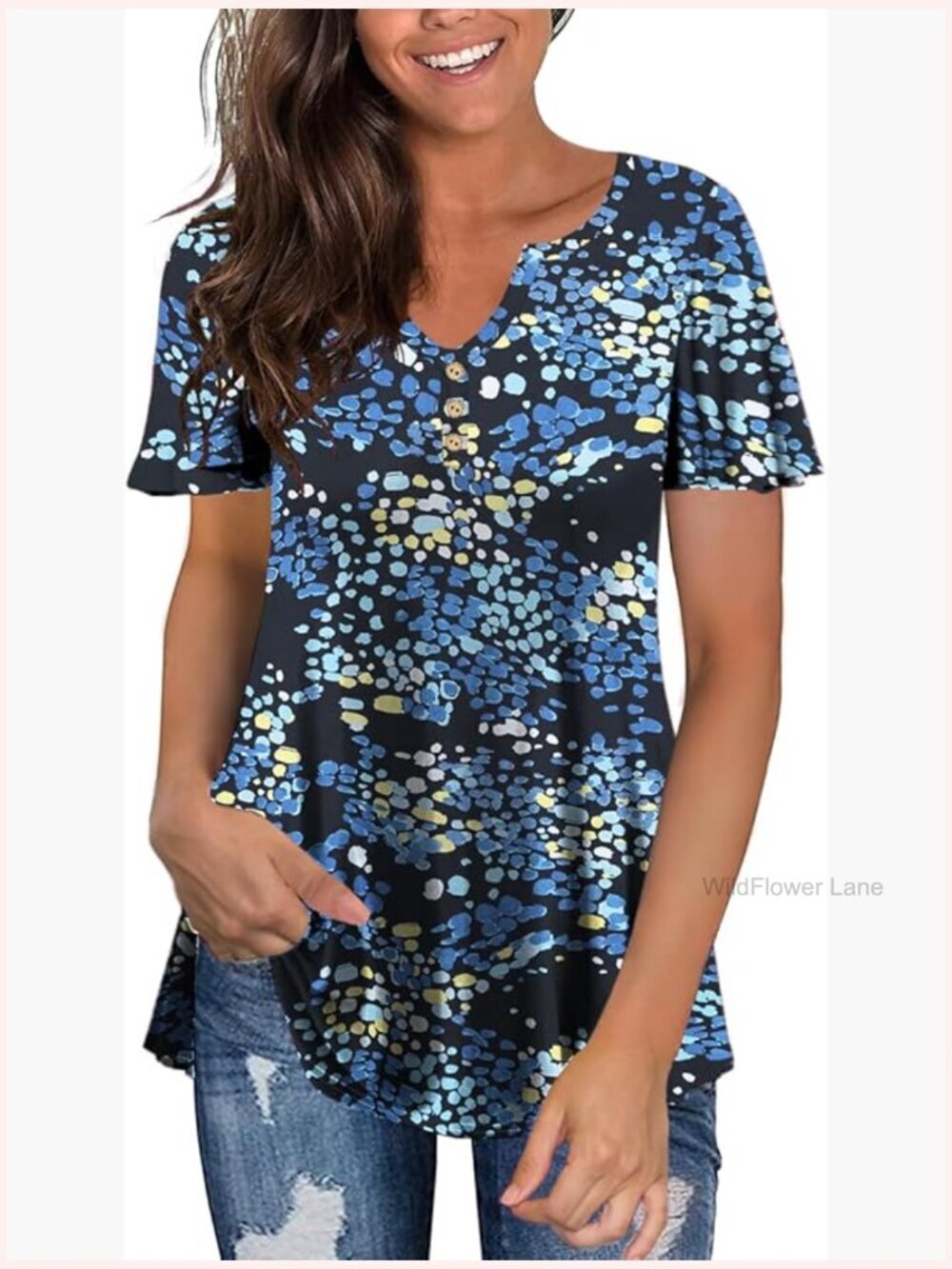 Plus Size Long Sleeve Flowy Henley Tunic Top V Neck